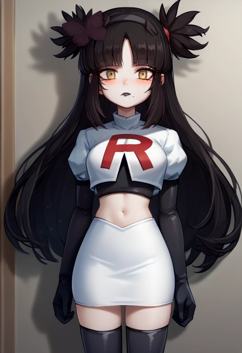 score_9, score_8_up, score_7_up, source_anime, solo, 1girl, mwophelia, mole under mouth, blush, looking at viewer, two side up, butterfly hair ornament, hairband, team rocket,team rocket uniform,white skirt,red letter R,crop top,black thigh-highs,black elbow gloves