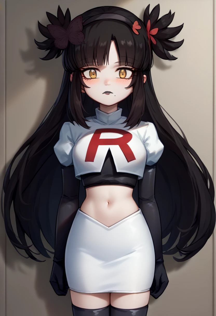 score_9, score_8_up, score_7_up, source_anime, solo, 1girl, mwophelia, mole under mouth, blush, looking at viewer, two side up, butterfly hair ornament, hairband, team rocket,team rocket uniform,white skirt,red letter R,crop top,black thigh-highs,black elbow gloves