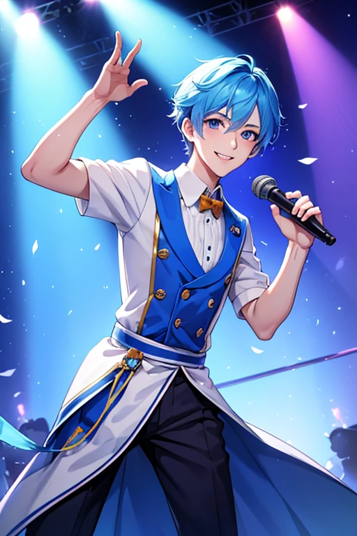 A tall boy with cotton candy blue hair. The boy have a cute face, his right hand holding a mic while his left hand reaching out to the audiences. He's smiling. The background is a stage dominated by purple, blue and white color. He's crazily handsome. An ethereal light glows around his face