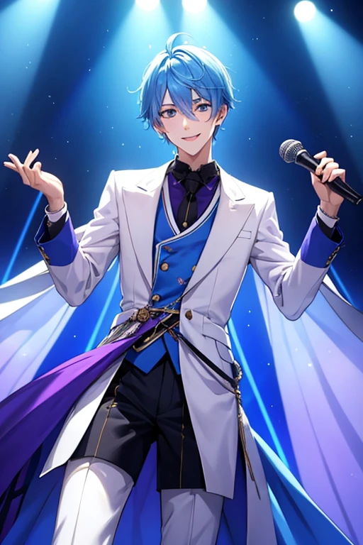 A tall boy with cotton candy blue hair. The boy have a cute face, his right hand holding a mic while his left hand reaching out to the audiences. He's smiling. The background is a stage dominated by purple, blue and white color. He's crazily handsome. An ethereal light glows around his face