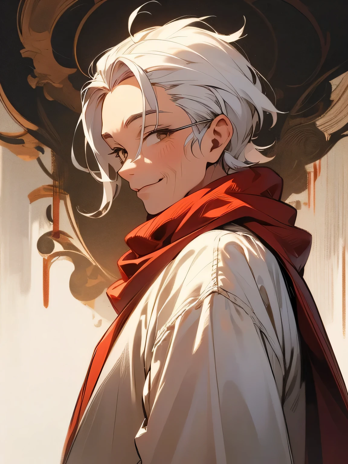 sideview,(Alone), upperbody ,80years old,old man,short hair,undercut,forehead,white eyes,cute face, gentle smile、Red Cape、 white sweater、looking at viewer,(manga style),(sketch),(illustration),