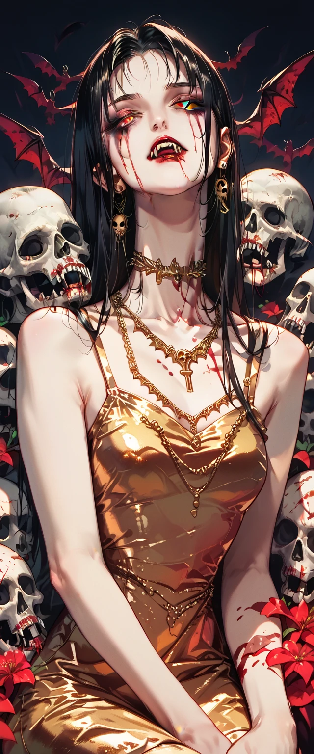  You can see a flat detail of the shoulders, A woman's collarbones and neck , Vampire bite on the neck, blood, has a necklace, nice view, elegant neckline,  elegant dress,  gold dress,  dead flowers , bats, skulls . Detail shot