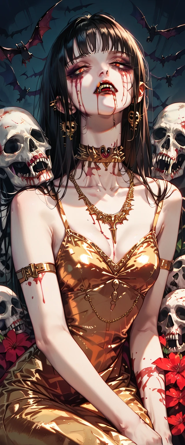  You can see a flat detail of the shoulders, A woman's collarbones and neck , Vampire bite on the neck, blood, has a necklace, nice view, elegant neckline,  elegant dress,  gold dress,  dead flowers , bats, skulls . Detail shot