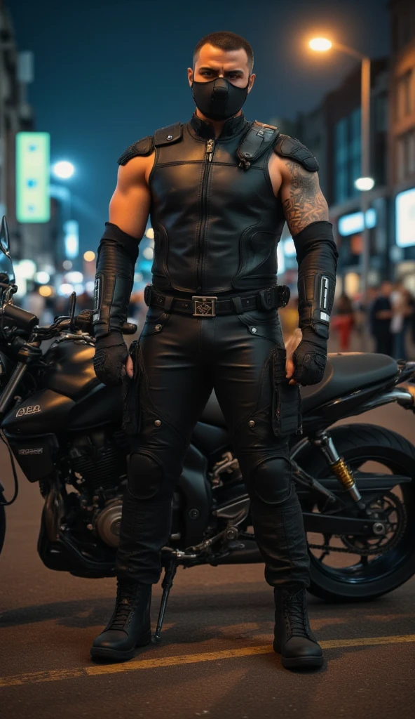 A full-body image of a muscular adult male, dressed in black leather police tactical clothing,mask,leather collar. tactical boots, and a police leather jacket. He wears leggings and smooth leather gear designed for full-body coverage, exuding a dark, tactical aura. The scene is set in an otherworldly city under low light, with faint illumination casting dramatic shadows. He stands beside a police heavy-duty motorcycle, enhancing the strange, fantasy-like atmosphere. The composition captures his commanding presence, blending tactical realism with a surreal, futuristic vibe.Special Weapons And Tactics,made out of leather.Tactical equipment.swat goggles.special policeman.Tactical mask face shield protection.
