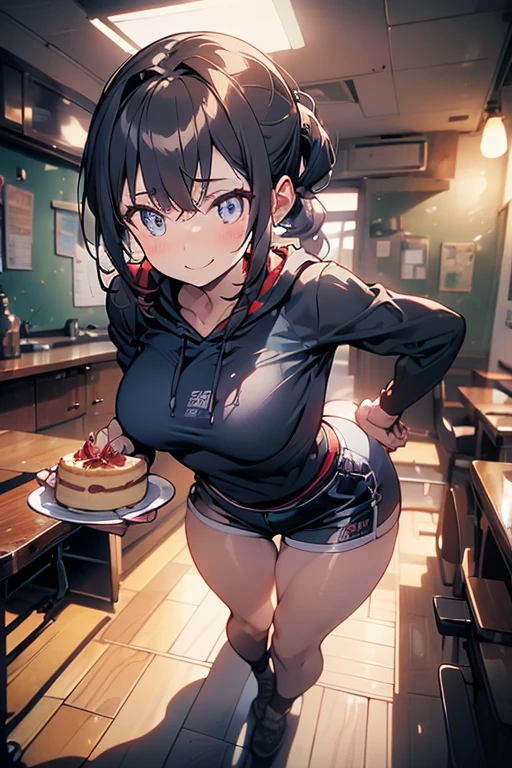 (from above:1.2),(from side:0.9), ((Face)), (Close-Up:0.4), ((looking at viewer, holding a cakes)),(magazine cover:1.4), highest quality、(real、photorealistic:1.4),(ultra high resolution, 8K RAW photo, clear focus), best qualtiy, natural lighting, field depth, (Bright pupils, detailed beautiful eyes, high detailed face), Red lip, (tight focus:1.2, from below), sexy posing, seductive weak smiling, Looking at Viewer, Cinematic lighting, Perfect, softlight, High resolution skin:1.2, Realistic skin texture, body tired from sports、22 years old mature woman、a small face、beautiful-makeup、Makeup light、Shortcut Hair、dark brown hair、Bust A Cup, Amazing Cleavage:1.2, thin waist, big ass, Raised sexy, big breast: 1.2 posed cleavage:1.2、off shoulders、Sportsbra、legginullnude、cute wall background .