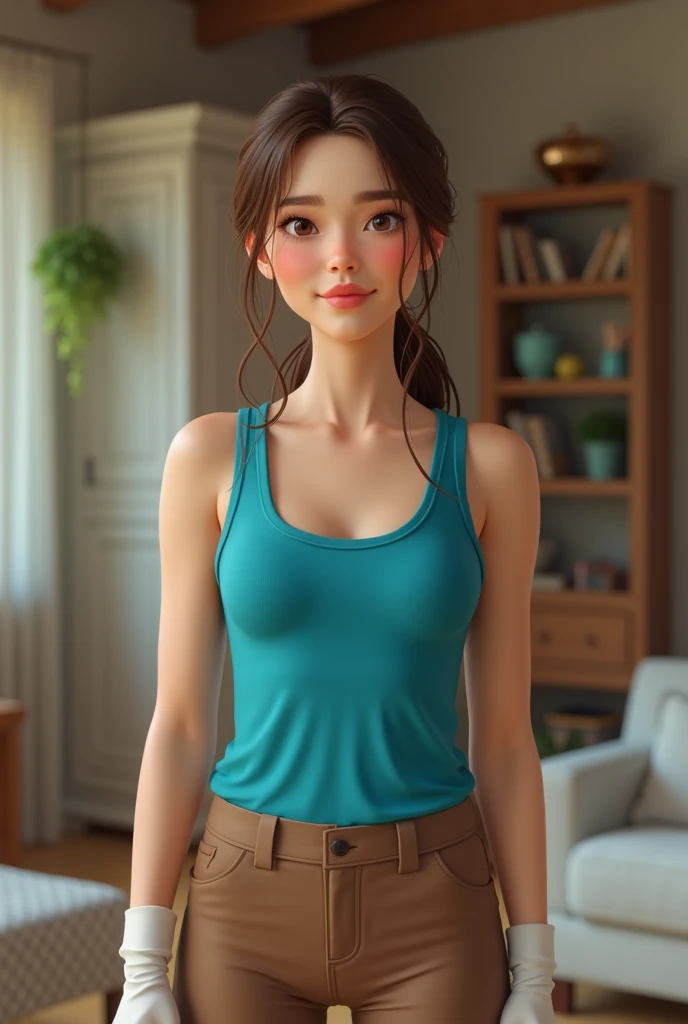 A 30-year-old woman, architect, with short brown hair, a round face, a charming smile, and slightly slanted brown eyes. She wears an elegant, low-cut shirt, which highlights her large breasts.