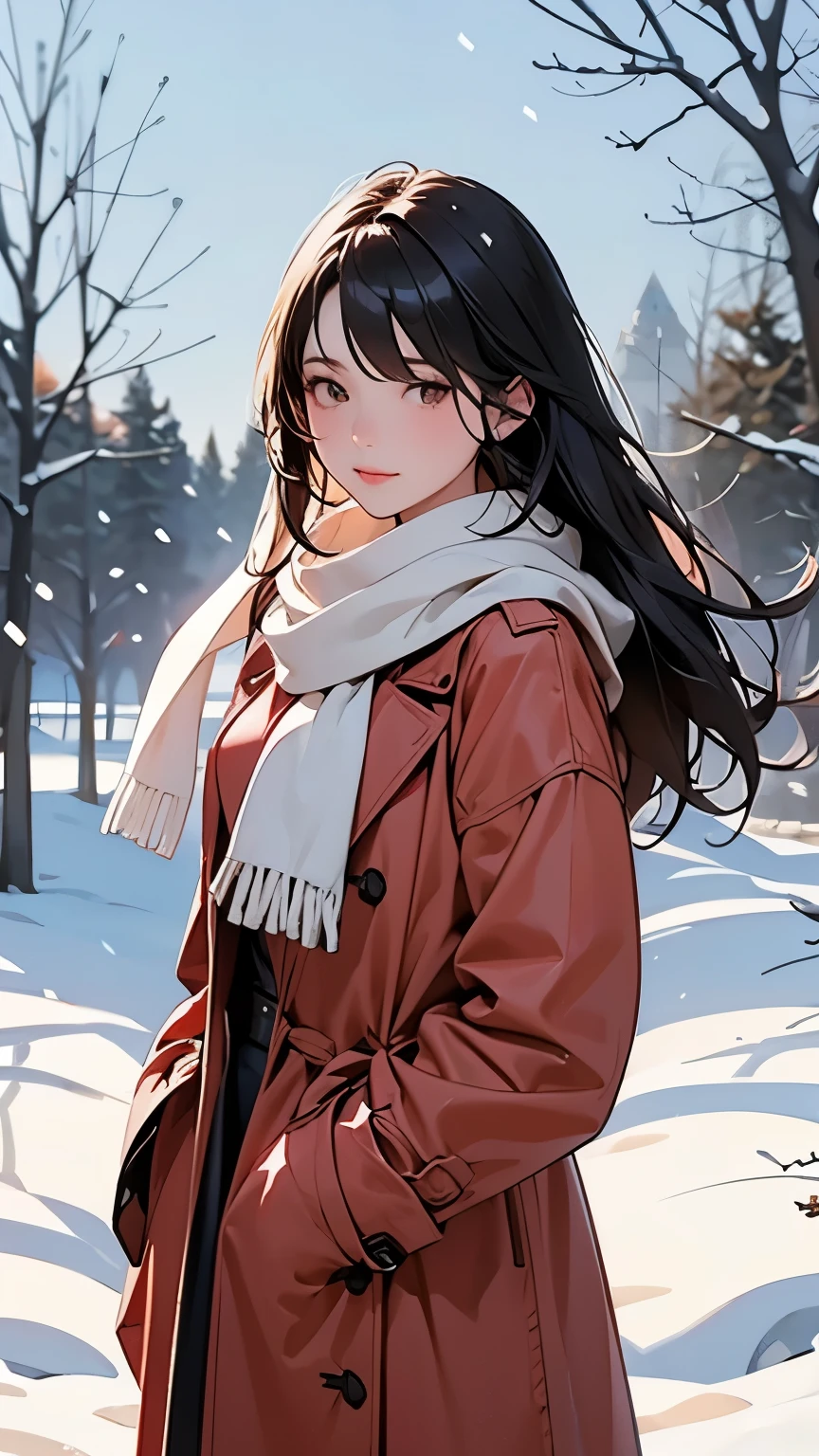  A beautiful young woman standing alone in a snowy field 、 She is wearing a red trench coat and wrapping a white scarf、 it's snowing 、Cinematic scene photo 、