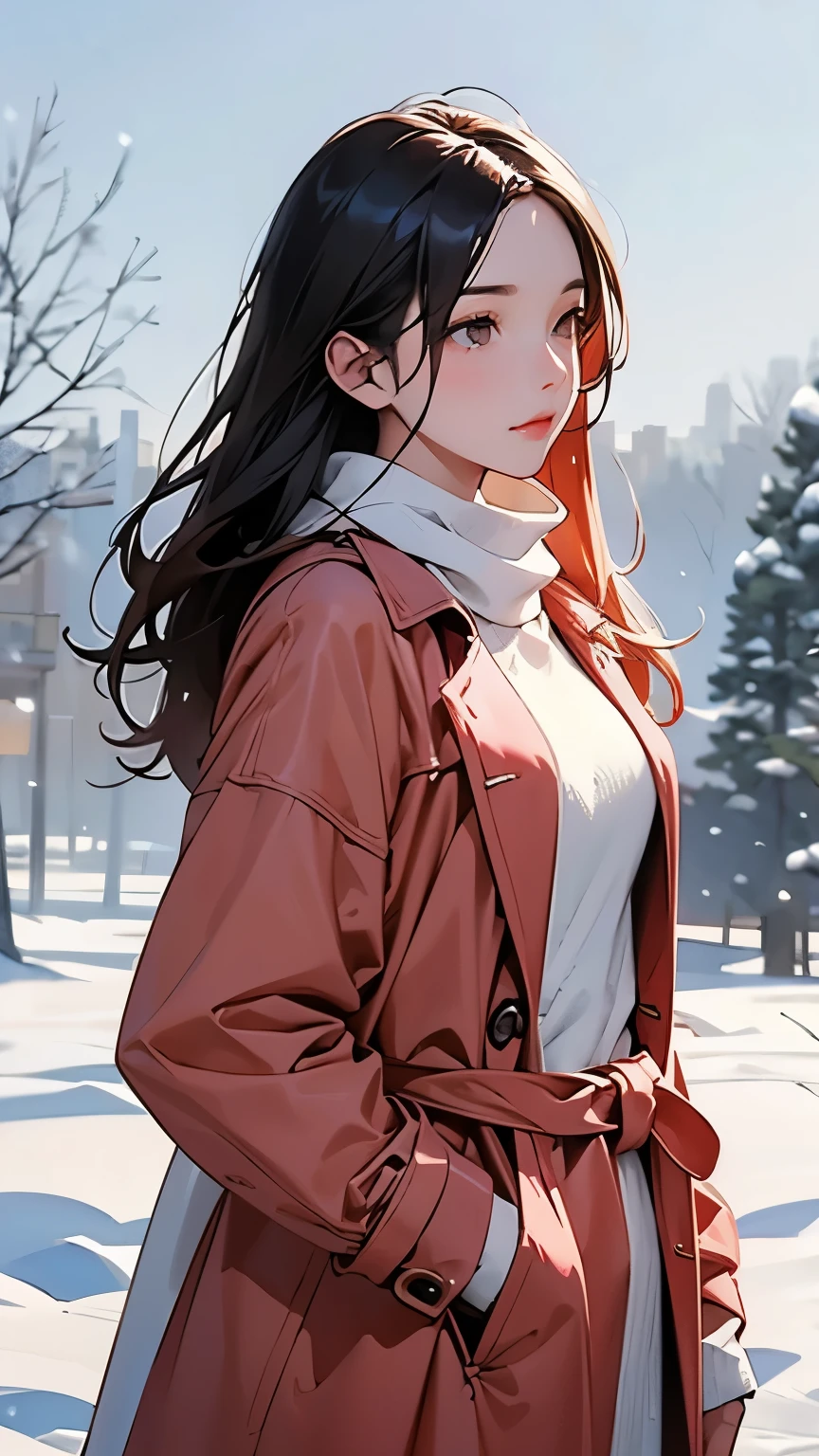  A beautiful young woman standing alone in a snowy field 、 She is wearing a red trench coat and wrapping a white scarf、 it's snowing 、Cinematic scene photo 、