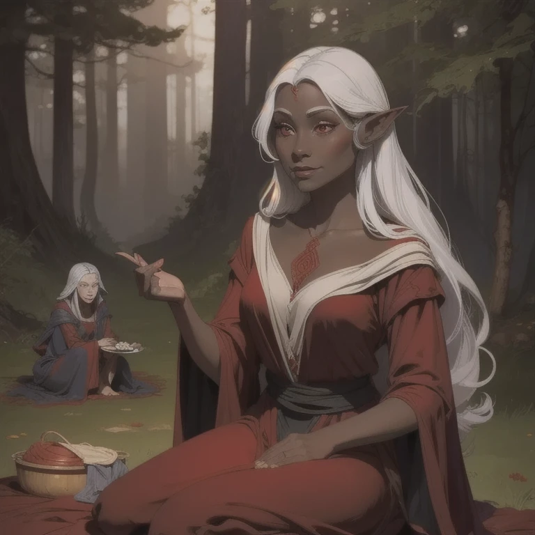 , Drow Woman , O ELFO NEGRO,  In a reddish-red robe ,  In medieval camping clothes,  dark gray skin , grayish white hair