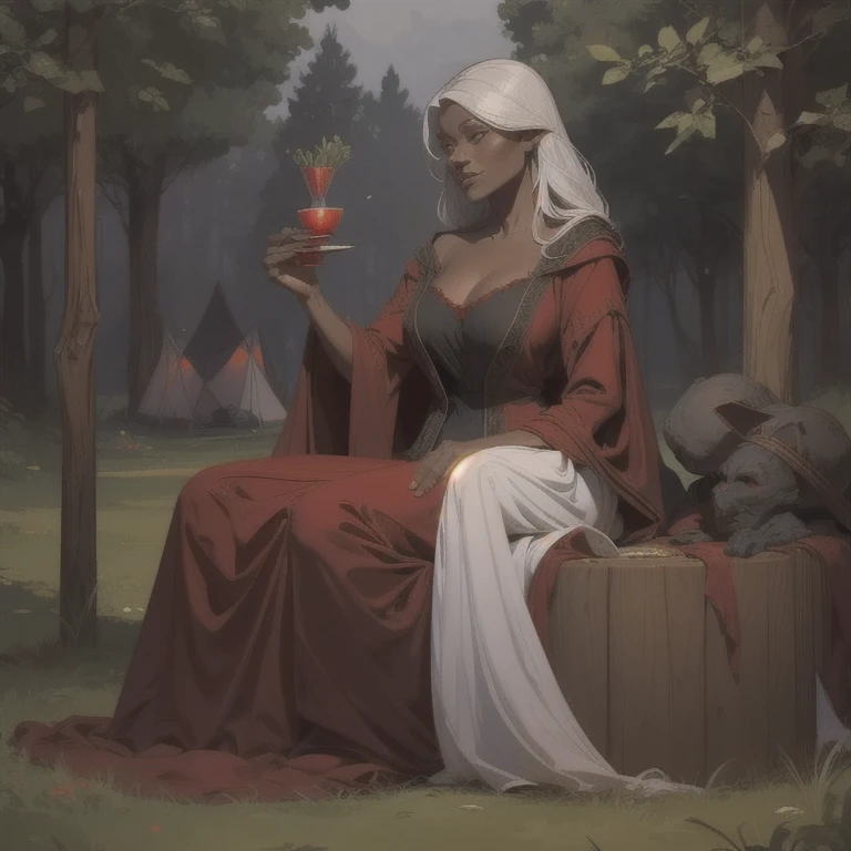 , Drow Woman , O ELFO NEGRO,  In a reddish-red robe ,  In medieval camping clothes,  dark gray skin , grayish white hair