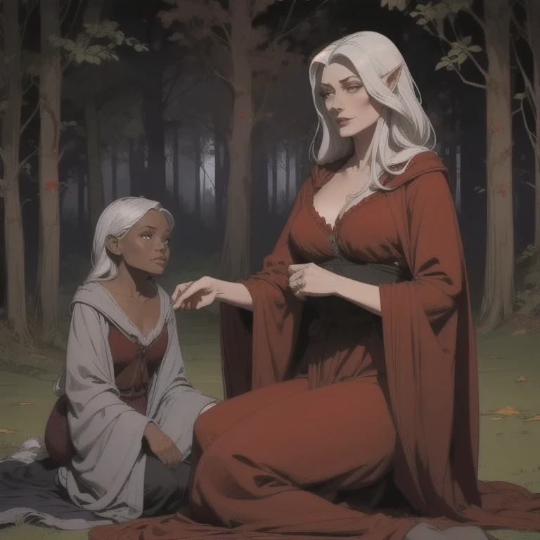 , Drow Woman , O ELFO NEGRO,  In a reddish-red robe ,  In medieval camping clothes,  dark gray skin , grayish white hair