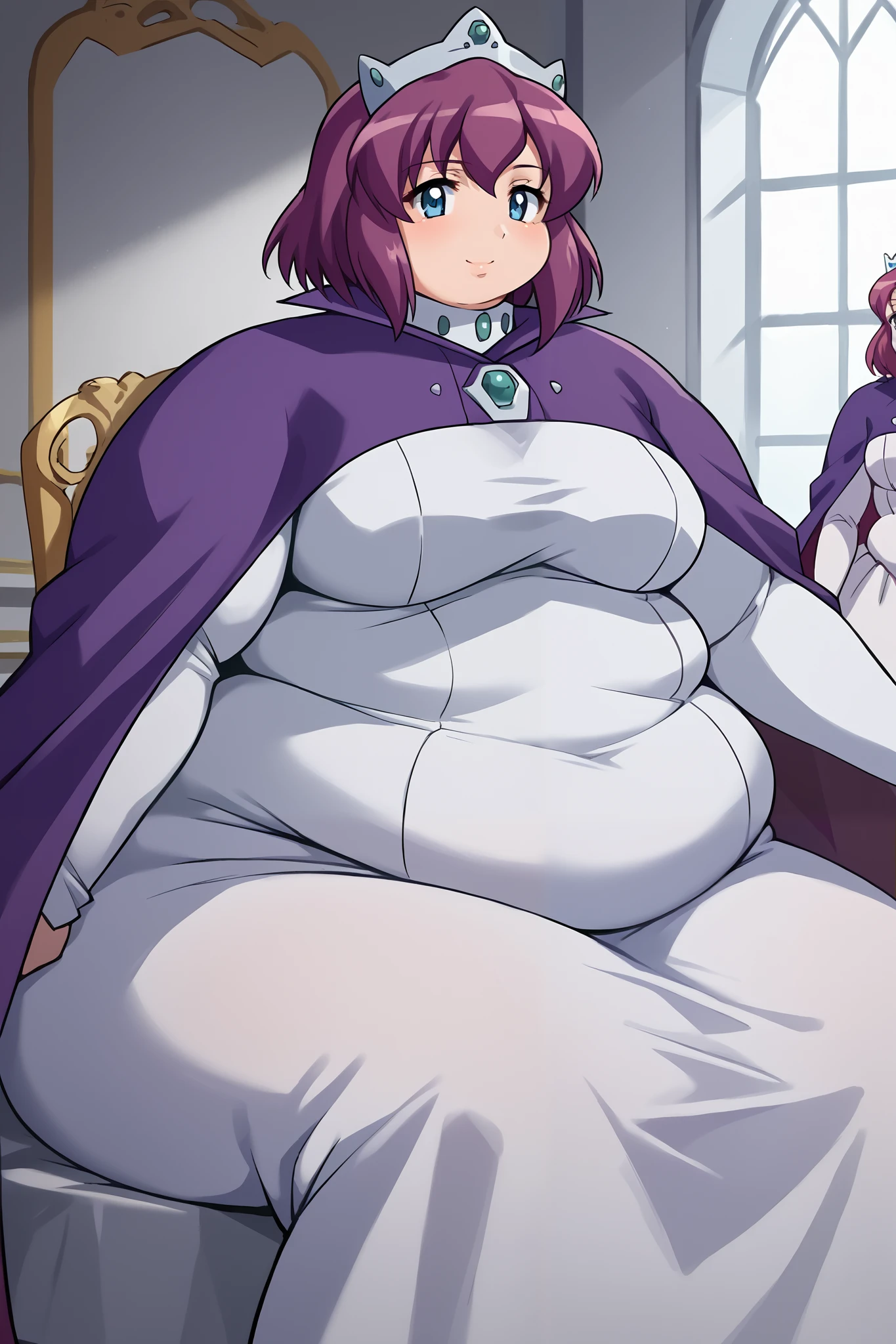 score_9, score_8_up, score_7_up, source_anime,
henriettadetristain, henrietta de tristain, short hair, blue eyes, purple hair,
long sleeves, hat, dress, cape, tiara, crown, purple cape, white dress, long sleeves,
indoors, smile,
looking at viewer, fat, chubby, obese, gigantic arms and legs, sitting on a throne 