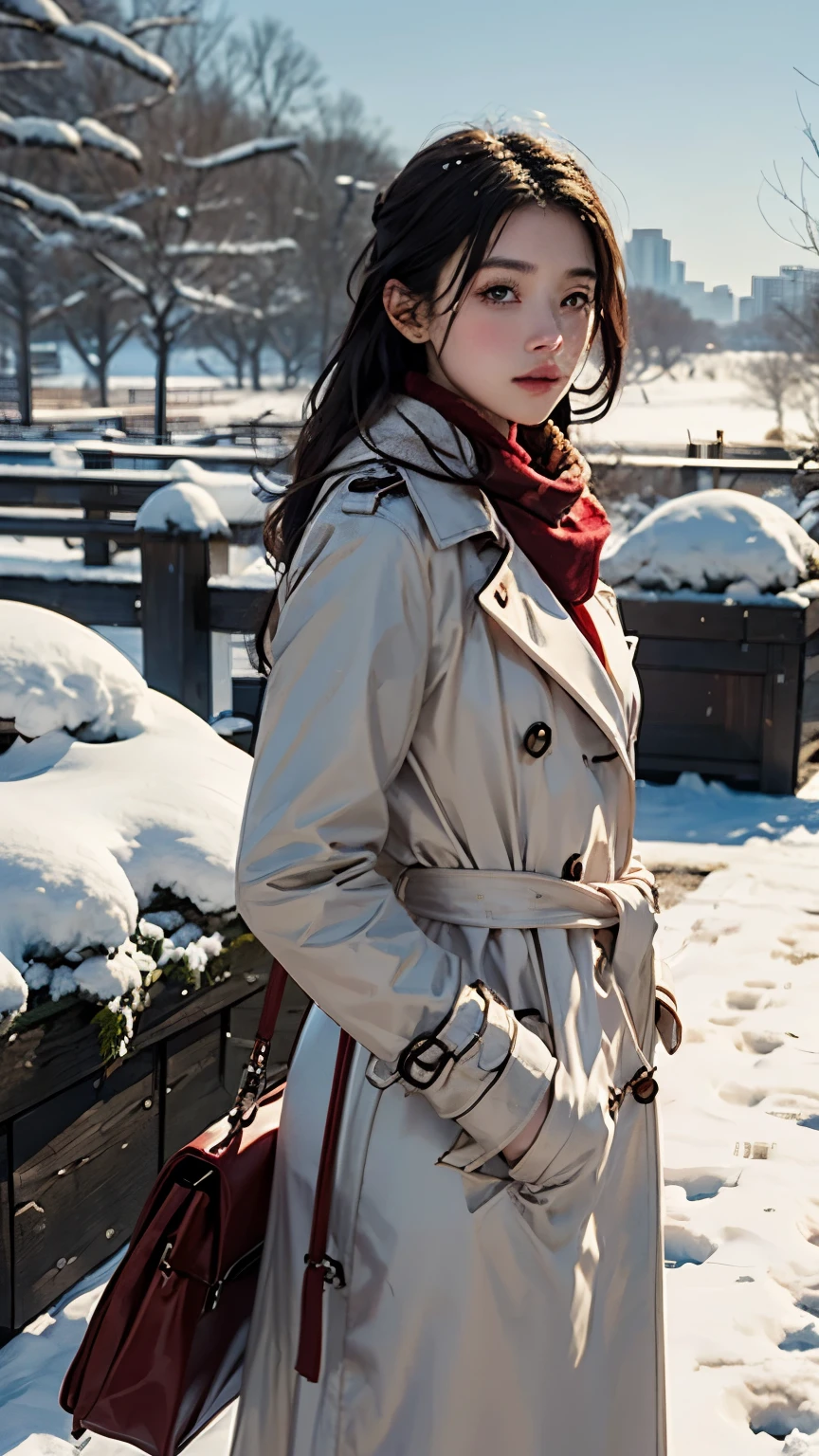  A beautiful young woman standing alone in a snowy field 、 She is wearing a red trench coat and wrapping a white scarf、Cinematic scene photo 、