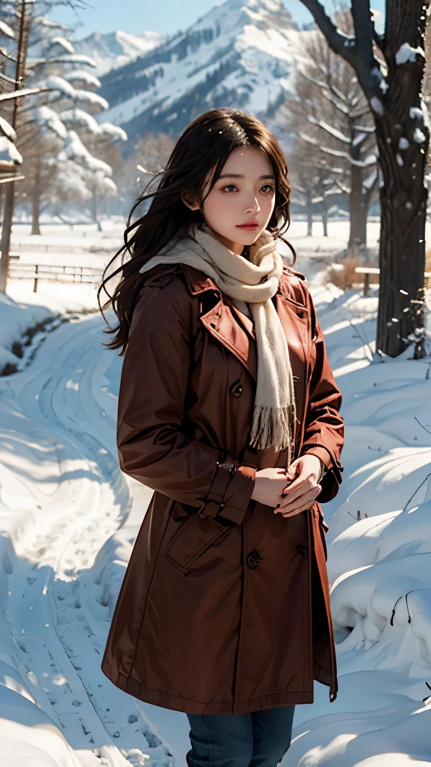  A beautiful young woman standing alone in a snowy field 、 She is wearing a red trench coat and wrapping a white scarf、Cinematic scene photo 、