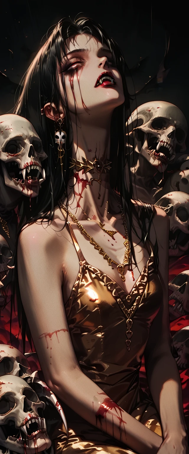  You can see a flat detail of the shoulders, A woman's collarbones and neck , Vampire bite on the neck, blood, has a necklace, nice view, elegant neckline,  elegant dress,  gold dress,  dead flowers , bats, skulls . Detail shot