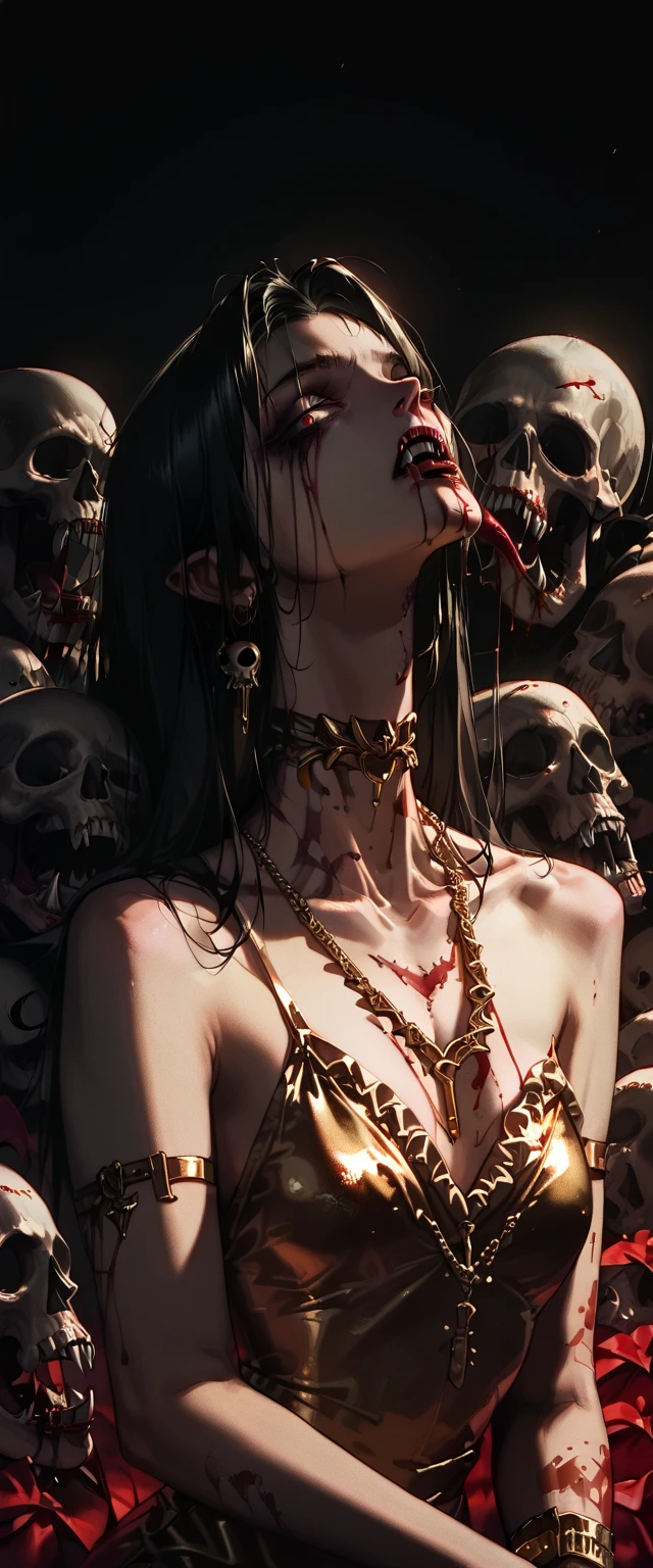  You can see a flat detail of the shoulders, A woman's collarbones and neck , Vampire bite on the neck, blood, has a necklace, nice view, elegant neckline,  elegant dress,  gold dress,  dead flowers , bats, skulls . Detail shot