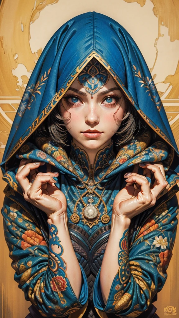  blurry image of a woman with a hood over her head, Beeple y Jeremiah Ketner, by Galen Dara, por Audrey Kawasaki, Martin then artwork portrait, Martin then, by Pablo Munoz Gomez,  art nouveau hyperrealistic , Dan Mumford Tom Bagshaw,  artgerm and James Jean , By Justin Gerard. beautiful detailed textile , Bordado (((8K))) ((( High Definition)))