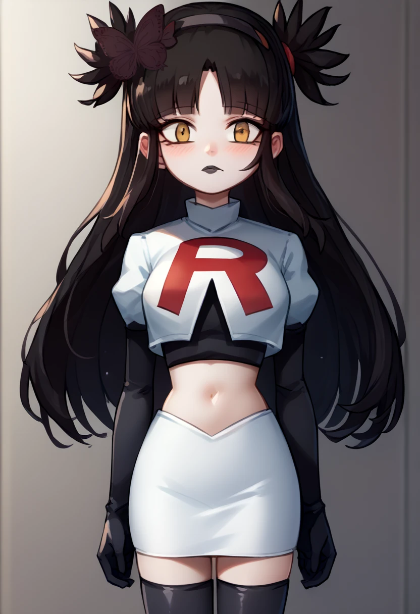 score_9, score_8_up, score_7_up, source_anime, solo, 1girl, mwophelia, mole under mouth, blush, looking at viewer, two side up, butterfly hair ornament, hairband, team rocket,team rocket uniform,white skirt,red letter R,crop top,black thigh-highs,black elbow gloves