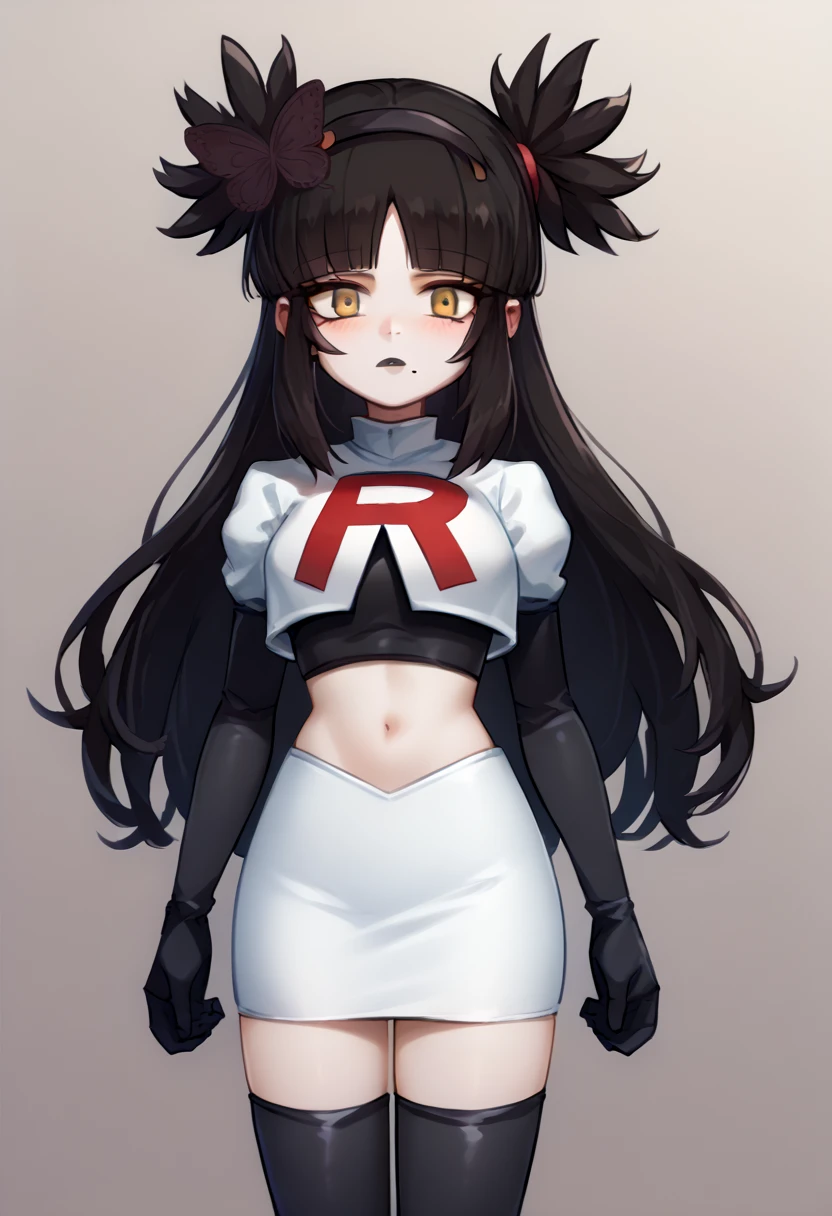 score_9, score_8_up, score_7_up, source_anime, solo, 1girl, mwophelia, mole under mouth, blush, looking at viewer, two side up, butterfly hair ornament, hairband, team rocket,team rocket uniform,white skirt,red letter R,crop top,black thigh-highs,black elbow gloves