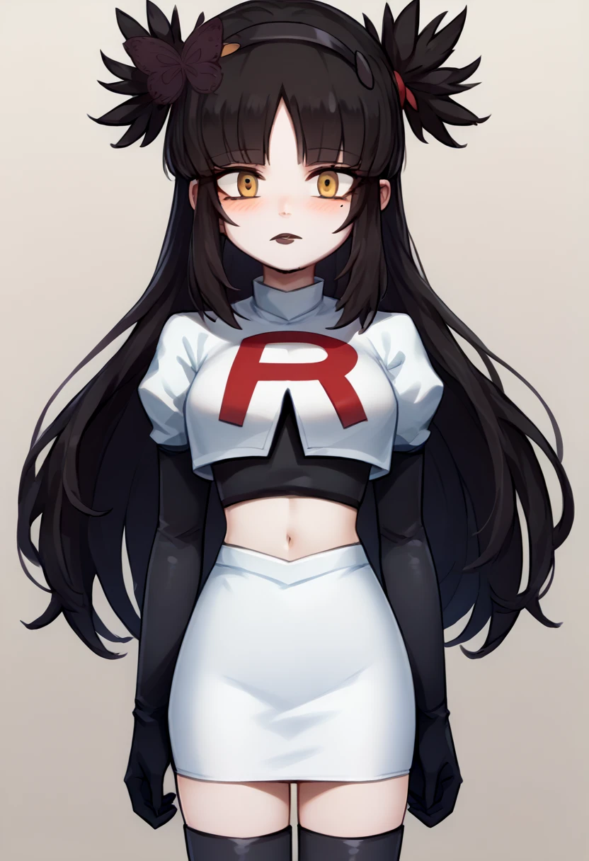 score_9, score_8_up, score_7_up, source_anime, solo, 1girl, mwophelia, mole under mouth, blush, looking at viewer, two side up, butterfly hair ornament, hairband, team rocket,team rocket uniform,white skirt,red letter R,crop top,black thigh-highs,black elbow gloves