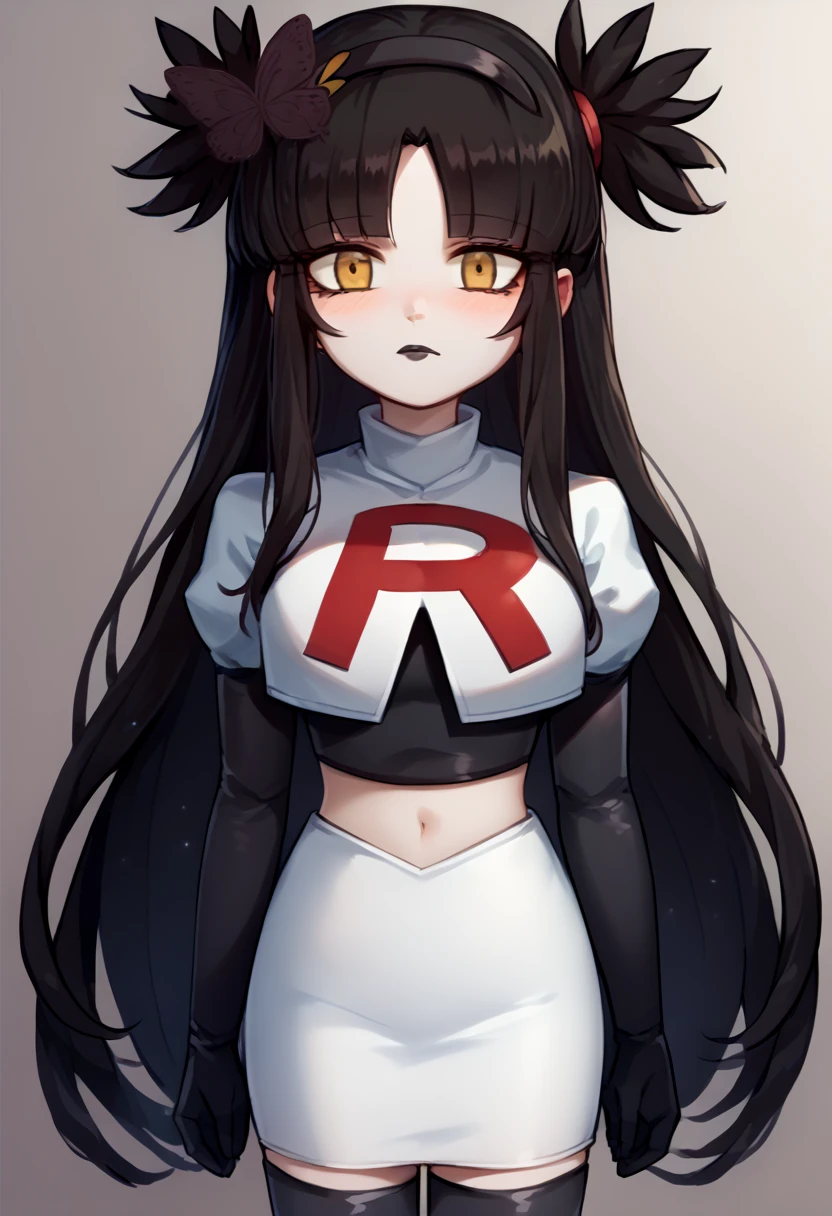 score_9, score_8_up, score_7_up, source_anime, solo, 1girl, mwophelia, mole under mouth, blush, looking at viewer, two side up, butterfly hair ornament, hairband, team rocket,team rocket uniform,white skirt,red letter R,crop top,black thigh-highs,black elbow gloves