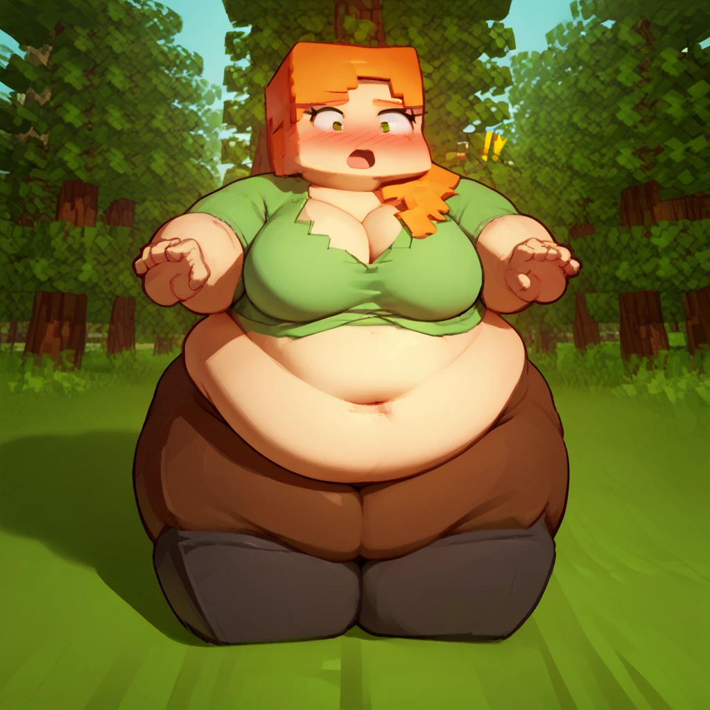 score_9, score_8_up, score_7_up, score_6_up, score_5_up, score_4_up, source_anime,  mcAlex, minecraft, orange hair, forest, happy, obese, shocked, blush 