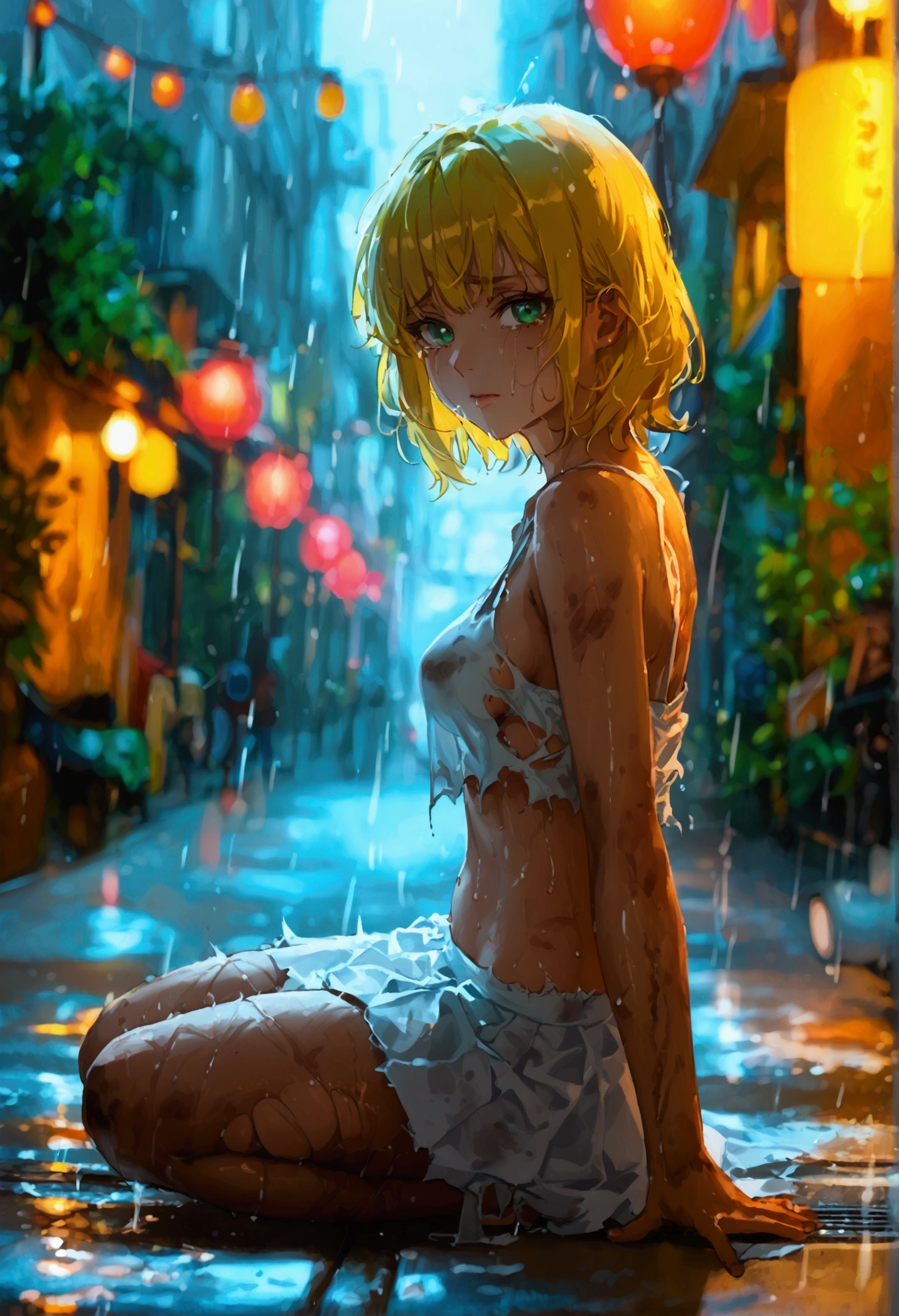 1 girl,  sitting on the floor , PIEL BLANCA,  yellow hair ,  green eyes,  medium hair, collections, white skirt,  medium breasts, on a desolate street, under the rain, at night, in the darkness,  illuminated by a street lamp , She is on the floor , It&#39;s dirty,  with her clothes torn ,  you can see her underwear through the torn clothes,  she was attacked by antisocials , She looks at you crying asking for your help