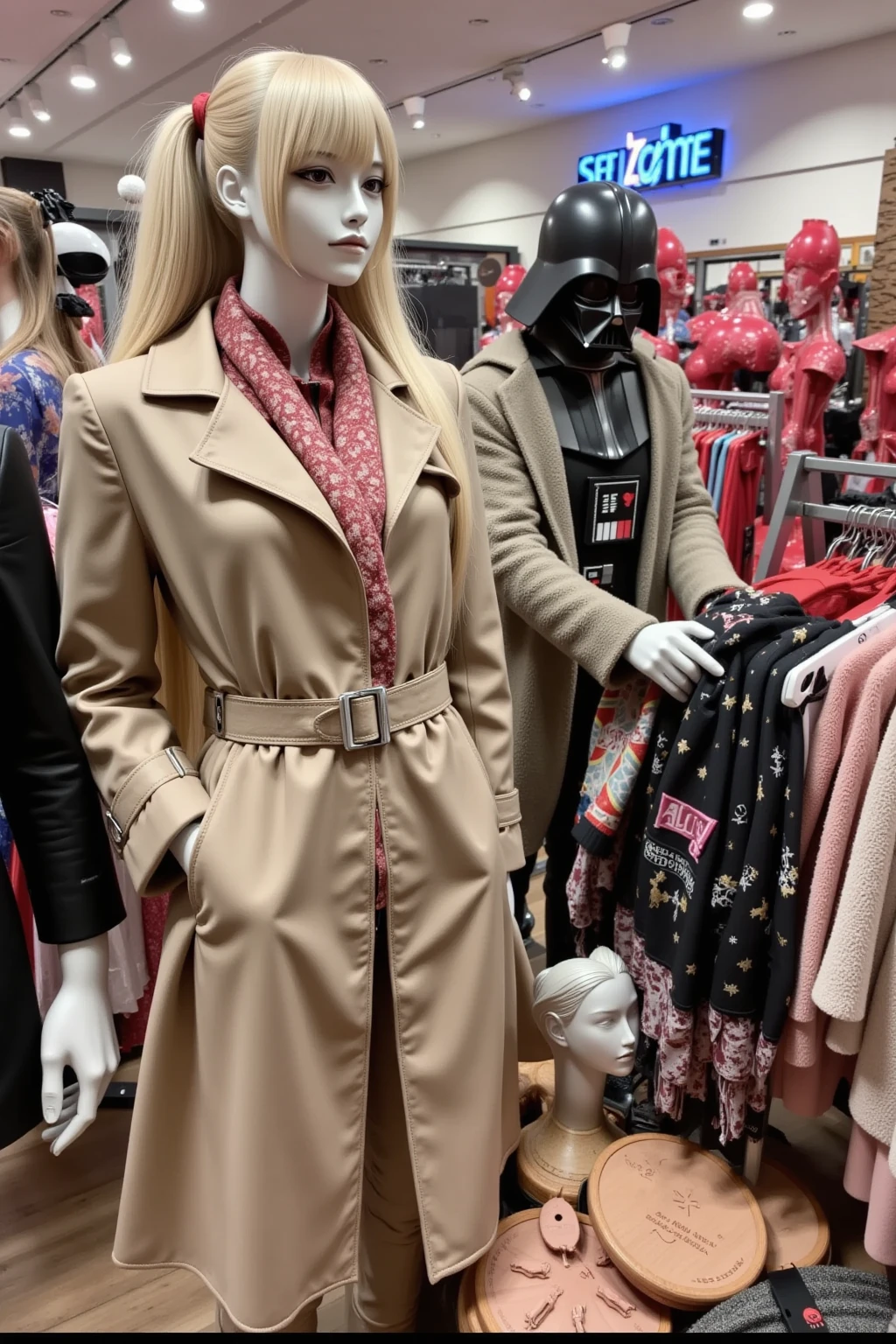 A shopping scene featuring faceless mannequins wearing trench coats and scarves, showcasing a year-end sale. In the background, Darth Vader is browsing through the items, creating a humorous and surreal atmosphere. The setting is well-lit, with colorful sale signs and festive decorations, capturing the holiday shopping spirit.