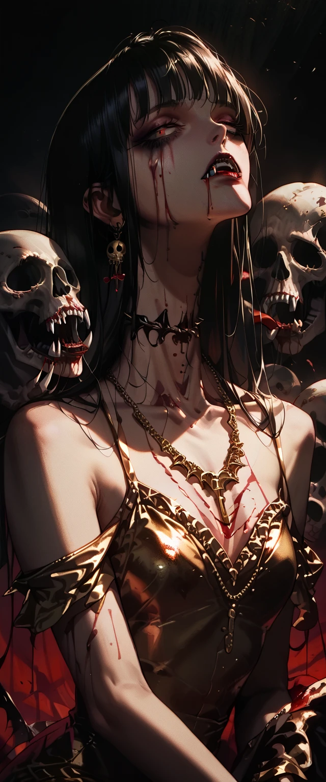  You can see a flat detail of the shoulders, A woman's collarbones and neck , Vampire bite on the neck, blood, has a necklace, nice view, elegant neckline,  elegant dress,  gold dress,  dead flowers , bats, skulls . Detail shot