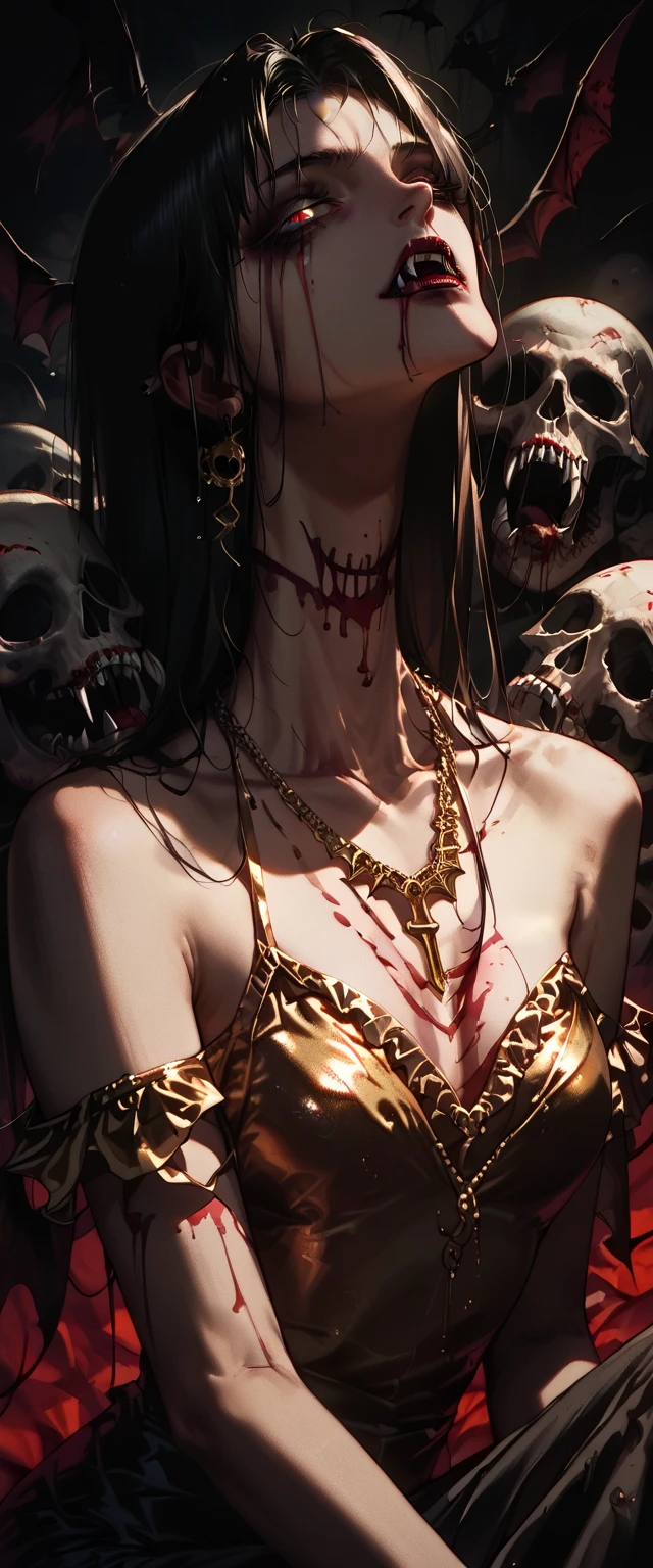  You can see a flat detail of the shoulders, A woman's collarbones and neck , Vampire bite on the neck, blood, has a necklace, nice view, elegant neckline,  elegant dress,  gold dress,  dead flowers , bats, skulls . Detail shot