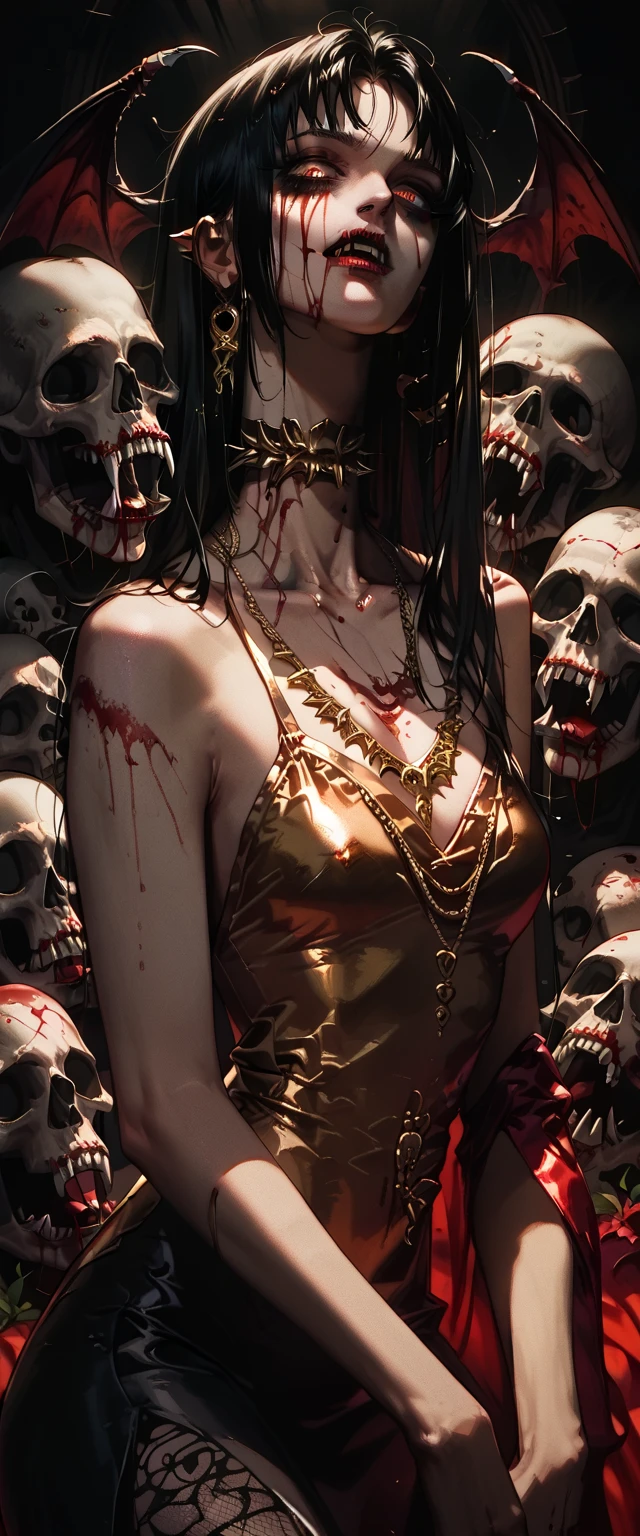  You can see a flat detail of the shoulders, A woman's collarbones and neck , Vampire bite on the neck, blood, has a necklace, nice view, elegant neckline,  elegant dress,  gold dress,  dead flowers , bats, skulls . Detail shot