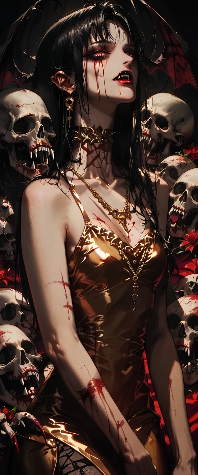  You can see a flat detail of the shoulders, A woman's collarbones and neck , Vampire bite on the neck, blood, has a necklace, nice view, elegant neckline,  elegant dress,  gold dress,  dead flowers , bats, skulls . Detail shot