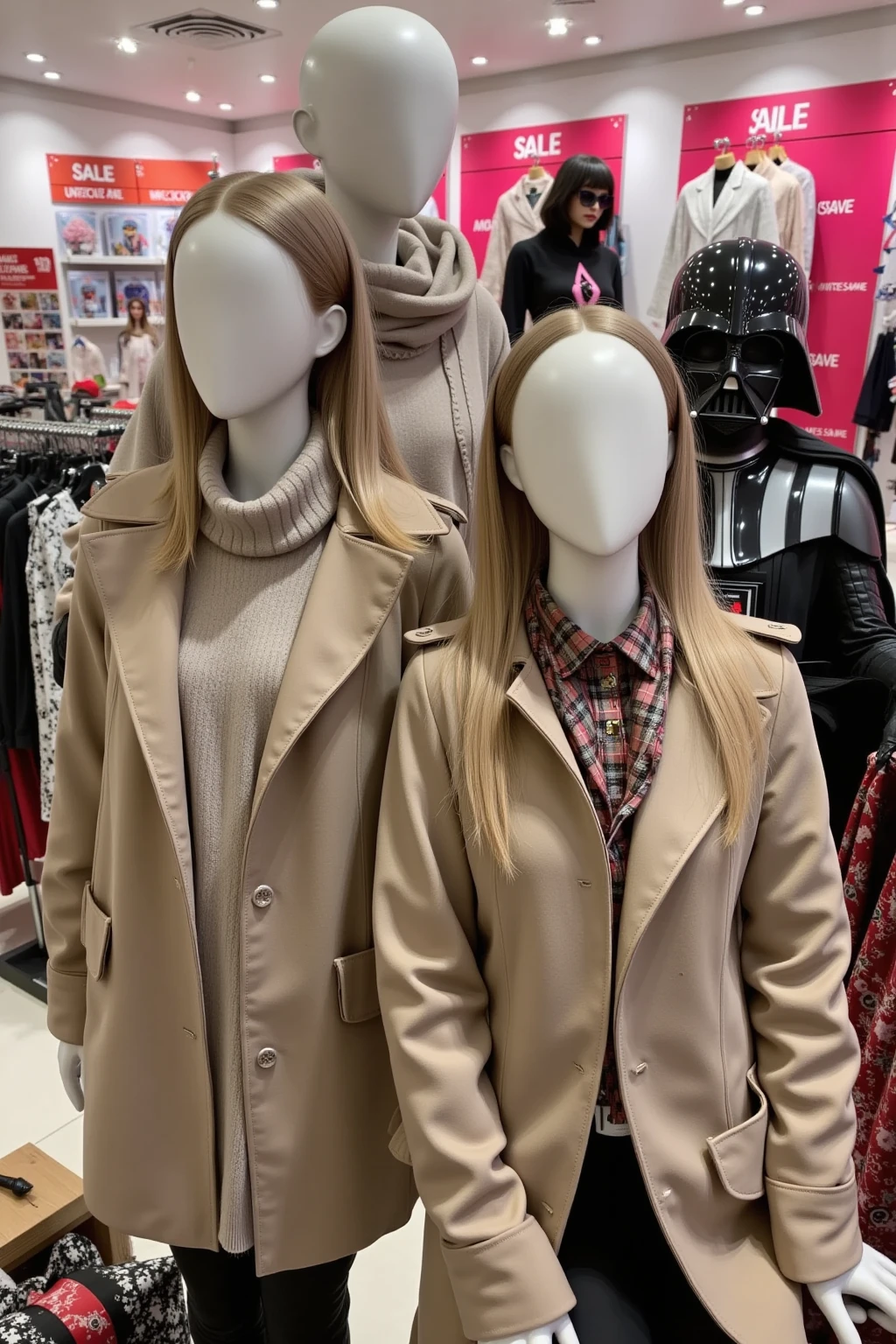 A shopping scene featuring faceless mannequins wearing trench coats and scarves, showcasing a year-end sale. In the background, Darth Vader is browsing through the items, creating a humorous and surreal atmosphere. The setting is well-lit, with colorful sale signs and festive decorations, capturing the holiday shopping spirit.