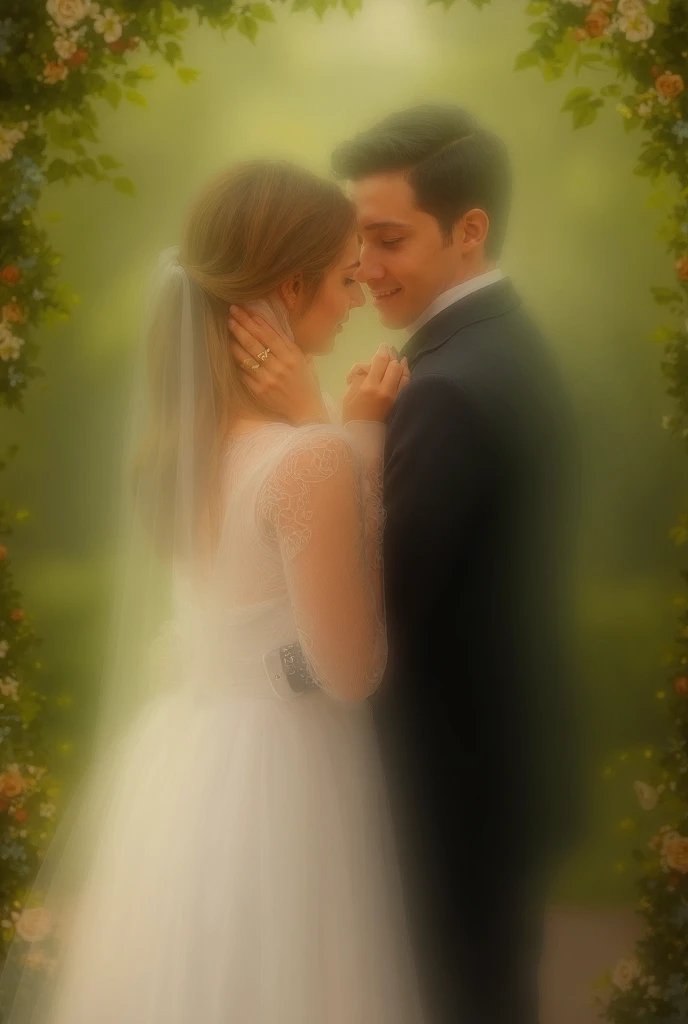 Couple in love, dark-haired girl with green eyes hairstyle - bob. Blonde guy with short hair and blue eyes. In wedding suits 