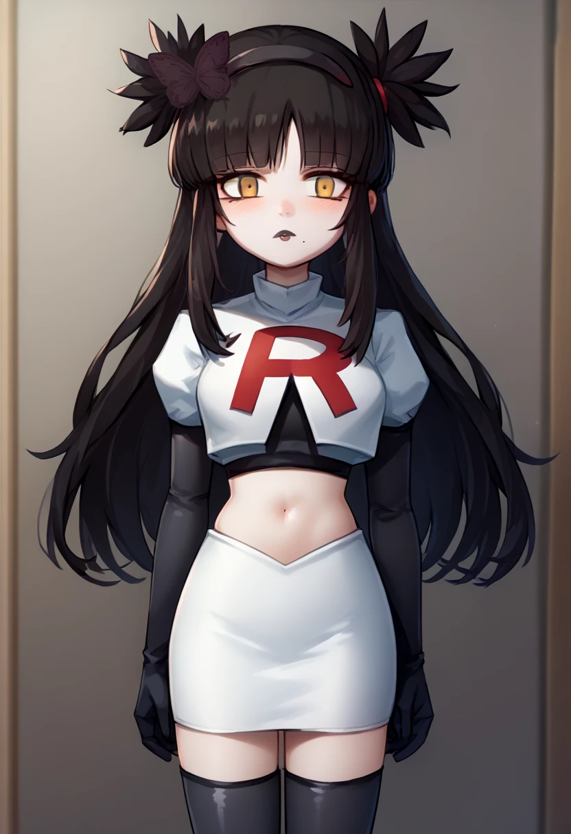 score_9, score_8_up, score_7_up, source_anime, solo, 1girl, mwophelia, mole under mouth, blush, looking at viewer, two side up, butterfly hair ornament, hairband, team rocket,team rocket uniform,white skirt,red letter R,crop top,black thigh-highs,black elbow gloves