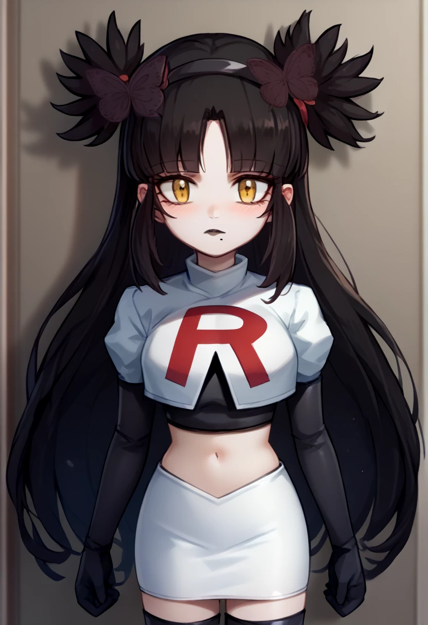 score_9, score_8_up, score_7_up, source_anime, solo, 1girl, mwophelia, mole under mouth, blush, looking at viewer, two side up, butterfly hair ornament, hairband, team rocket,team rocket uniform,white skirt,red letter R,crop top,black thigh-highs,black elbow gloves