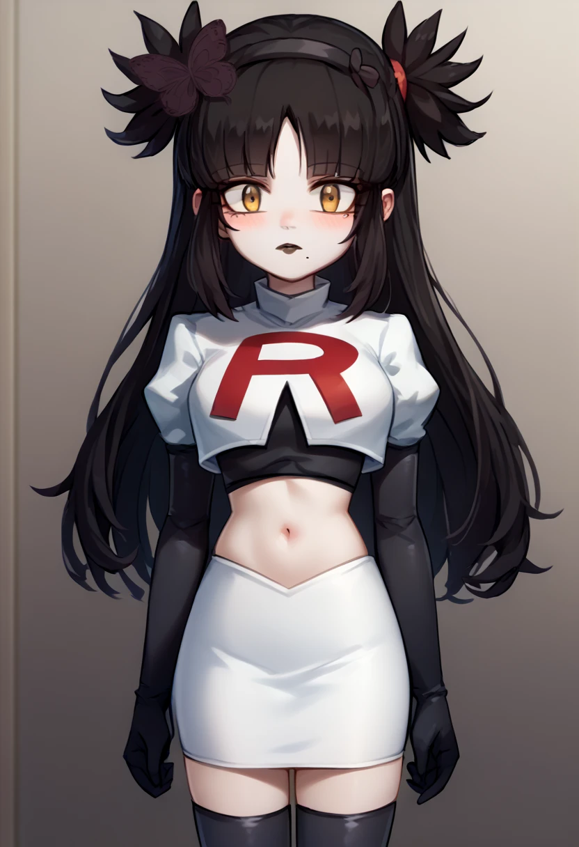 score_9, score_8_up, score_7_up, source_anime, solo, 1girl, mwophelia, mole under mouth, blush, looking at viewer, two side up, butterfly hair ornament, hairband, team rocket,team rocket uniform,white skirt,red letter R,crop top,black thigh-highs,black elbow gloves