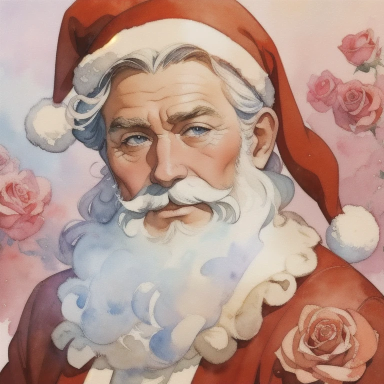 Close up photo of Santa Claus ,estilo watercolor, (rose behind ) Digital Art, official art,  windblown ,  masterpiece ,  pretty face, ((watercolor)),  ink splash,  Intricate Detail . Great detail, [drip:0.7]