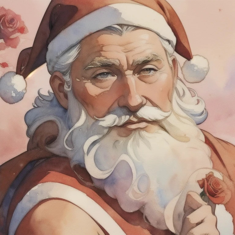 Close up photo of Santa Claus ,estilo watercolor, (rose behind ) Digital Art, official art,  windblown ,  masterpiece ,  pretty face, ((watercolor)),  ink splash,  Intricate Detail . Great detail, [drip:0.7]