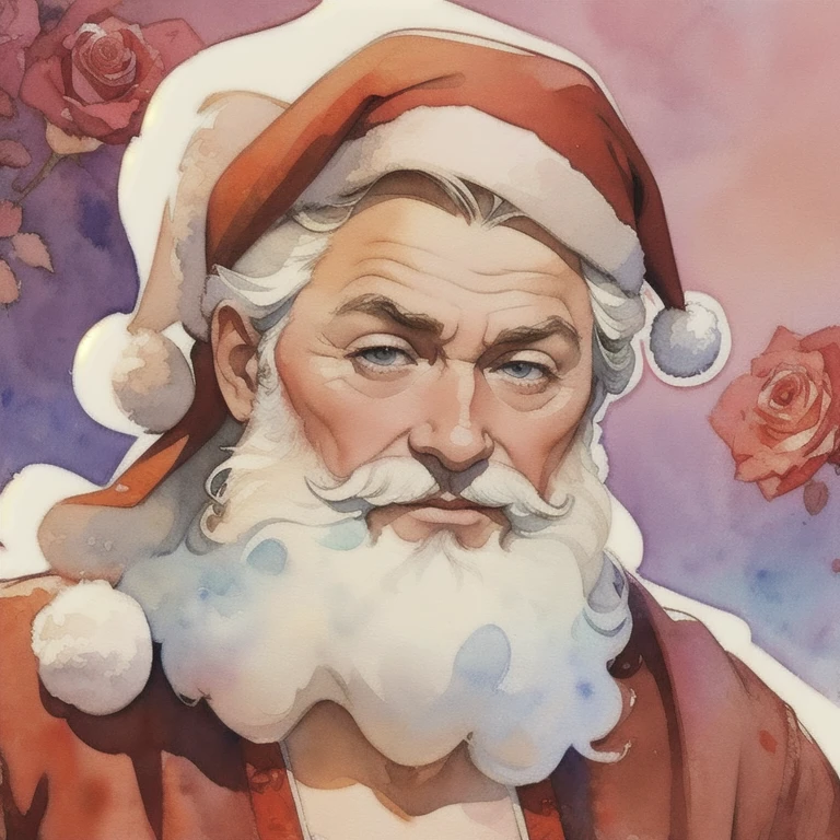 Close up photo of Santa Claus ,estilo watercolor, (rose behind ) Digital Art, official art,  windblown ,  masterpiece ,  pretty face, ((watercolor)),  ink splash,  Intricate Detail . Great detail, [drip:0.7]