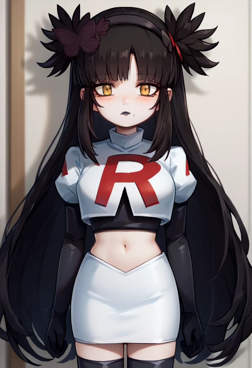 score_9, score_8_up, score_7_up, source_anime, solo, 1girl, mwophelia, mole under mouth, blush, looking at viewer, two side up, butterfly hair ornament, hairband, team rocket,team rocket uniform,white skirt,red letter R,crop top,black thigh-highs,black elbow gloves