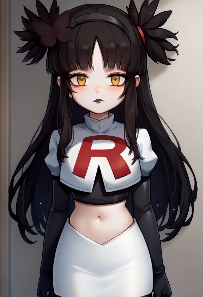 score_9, score_8_up, score_7_up, source_anime, solo, 1girl, mwophelia, mole under mouth, blush, looking at viewer, two side up, butterfly hair ornament, hairband, team rocket,team rocket uniform,white skirt,red letter R,crop top,black thigh-highs,black elbow gloves