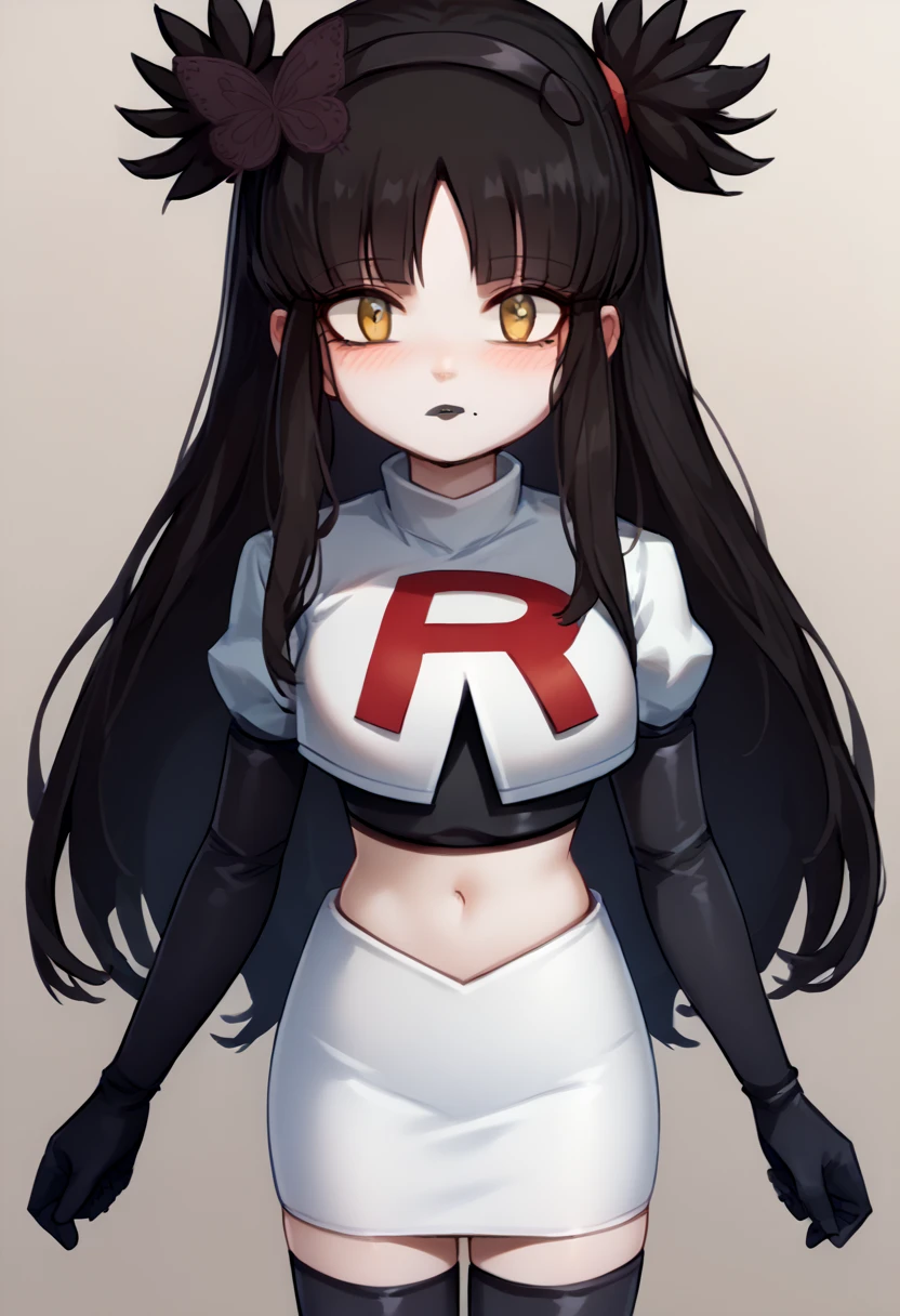 score_9, score_8_up, score_7_up, source_anime, solo, 1girl, mwophelia, mole under mouth, blush, looking at viewer, two side up, butterfly hair ornament, hairband, team rocket,team rocket uniform,white skirt,red letter R,crop top,black thigh-highs,black elbow gloves