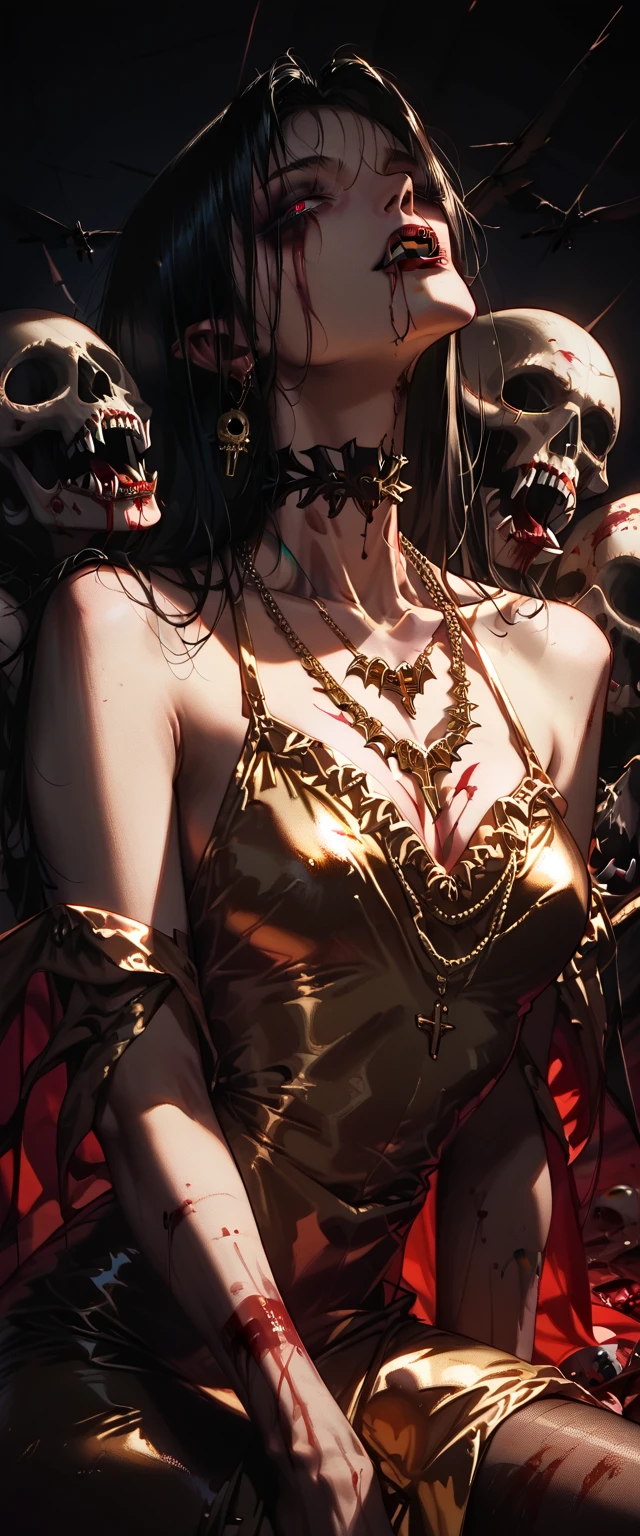  You can see a detailed plane of the shoulders, A woman's collarbones and neck , Vampire bite on the neck, blood, has a necklace, nice view, elegant neckline,  elegant dress,  gold dress,  dead flowers , bats, skulls . Plane det 