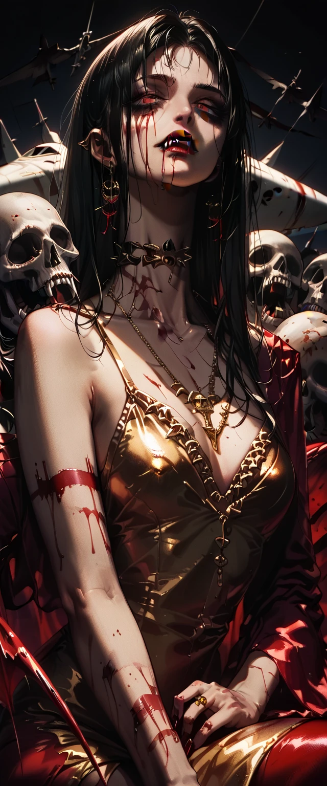  You can see a detailed plane of the shoulders, A woman's collarbones and neck , Vampire bite on the neck, blood, has a necklace, nice view, elegant neckline,  elegant dress,  gold dress,  dead flowers , bats, skulls . Plane det 