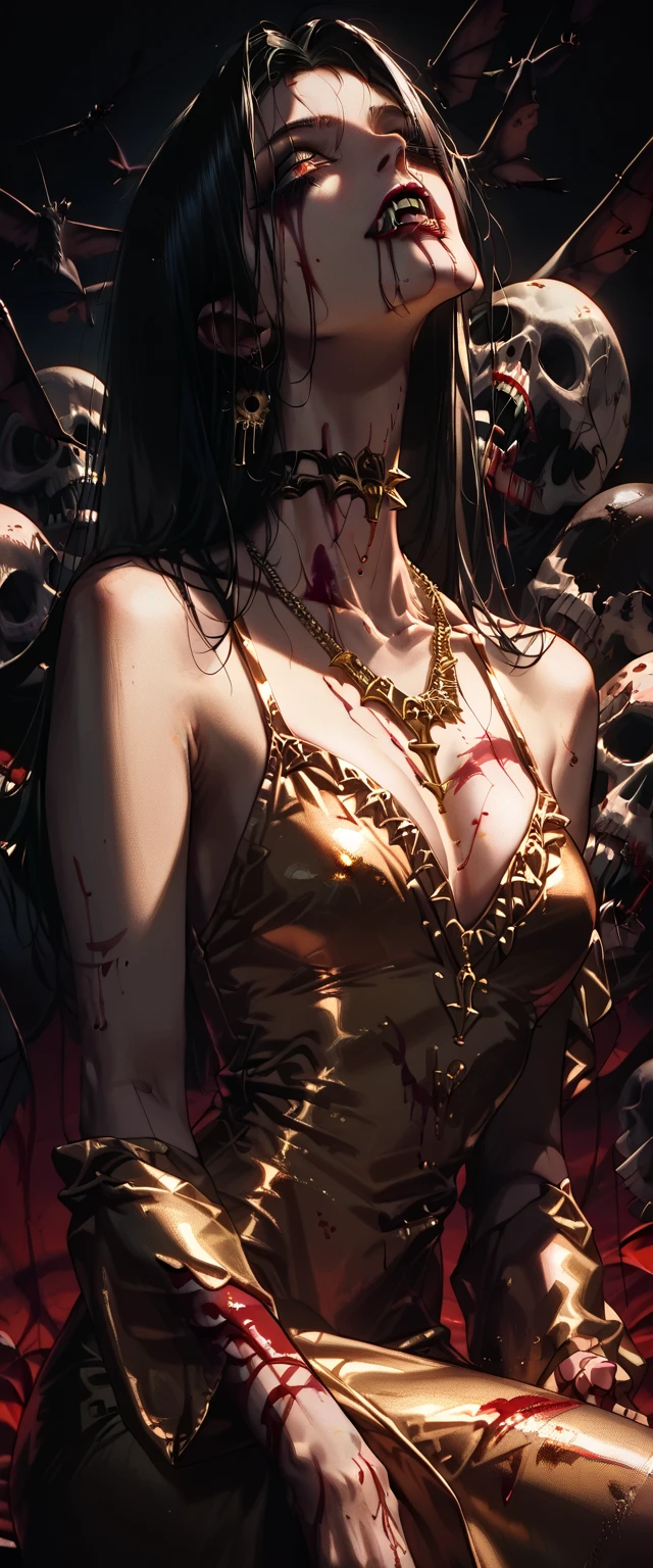  You can see a detailed plane of the shoulders, A woman's collarbones and neck , Vampire bite on the neck, blood, has a necklace, nice view, elegant neckline,  elegant dress,  gold dress,  dead flowers , bats, skulls . Plane det 