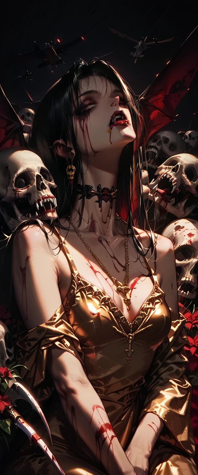  You can see a detailed plane of the shoulders, A woman's collarbones and neck , Vampire bite on the neck, blood, has a necklace, nice view, elegant neckline,  elegant dress,  gold dress,  dead flowers , bats, skulls . Plane det 