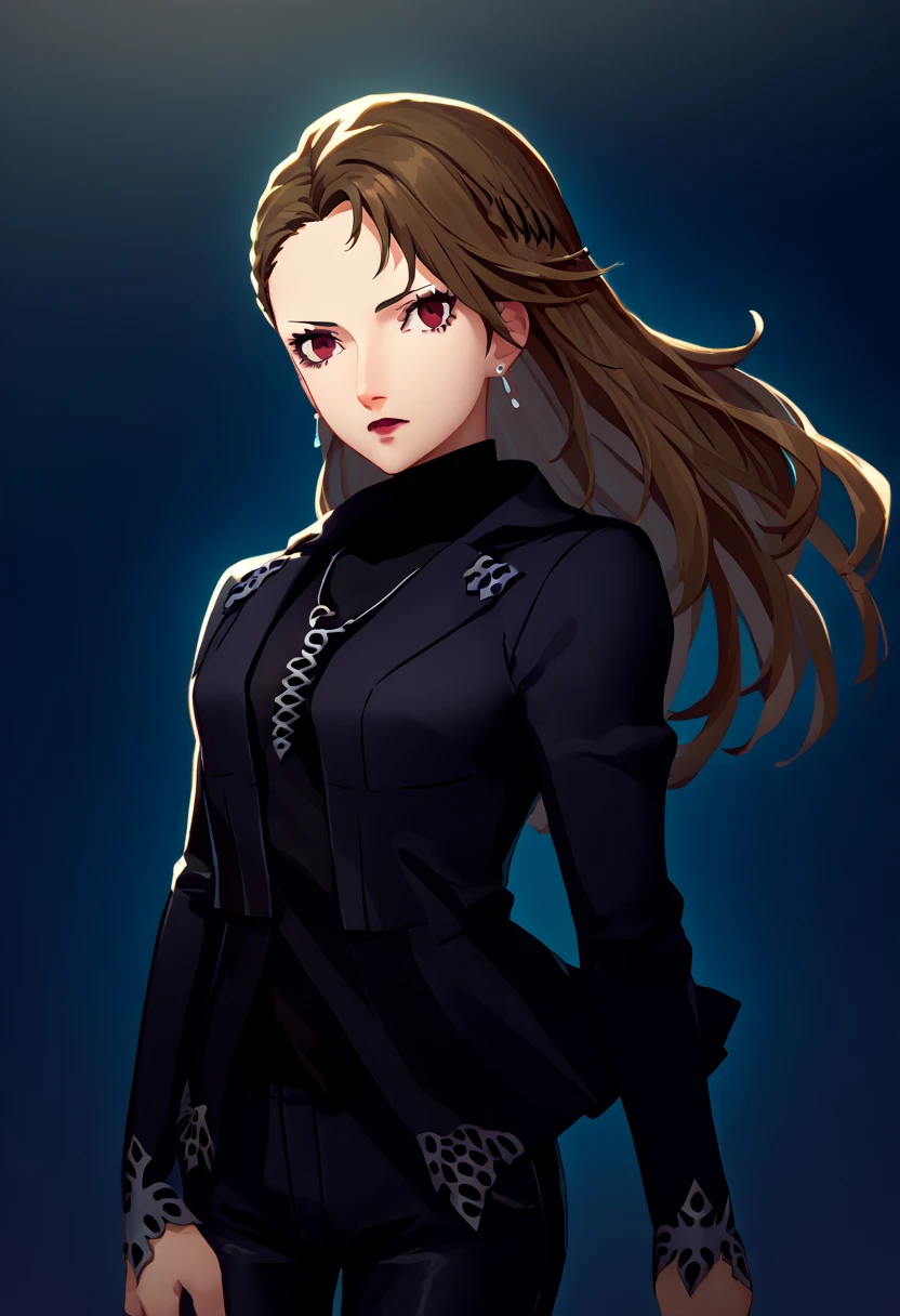 score_9, score_8_up, score_7_up, source_anime, solo, 1girl, makoto niijima, makeup, lipstick, looking at viewer, standing, contrapposto, brown hair, crown braid, red eyes, black jacket, long sleeves, black sweater, turtleneck sweater, black pants, earrings, necklace,  