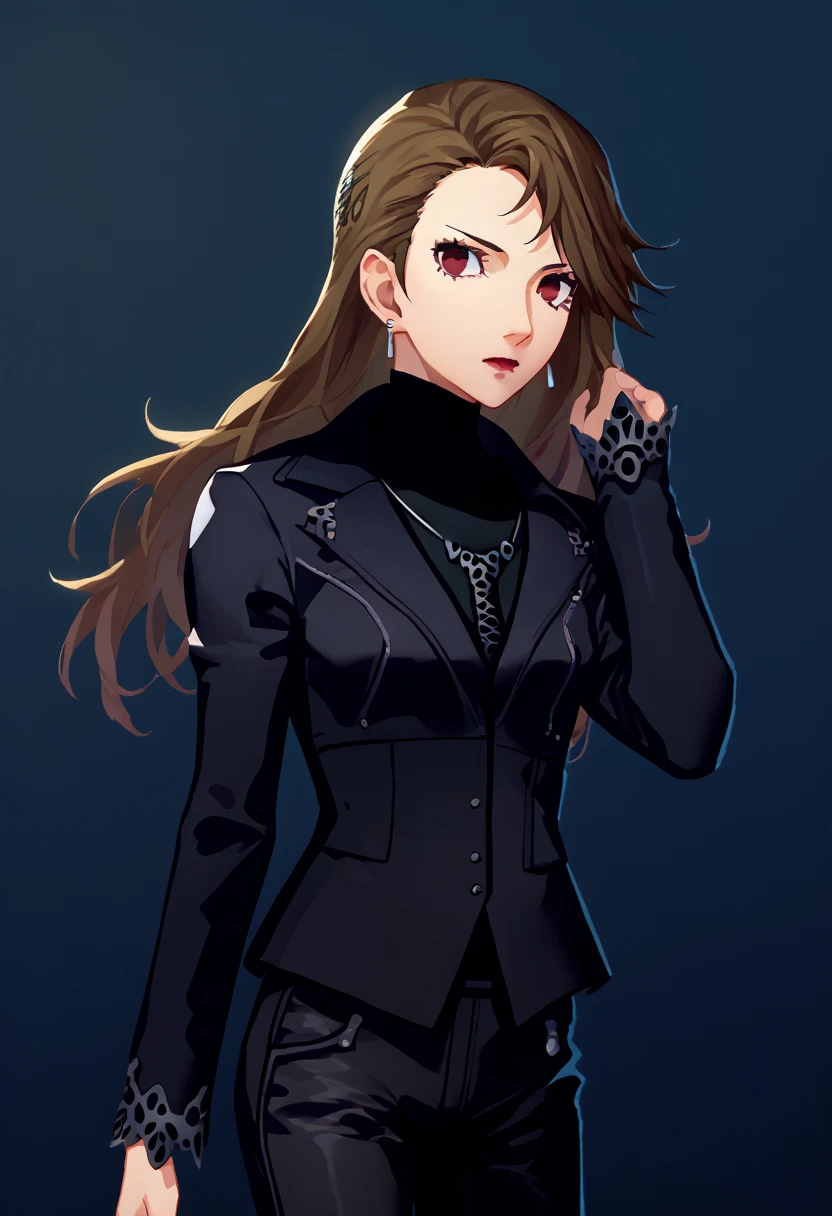 score_9, score_8_up, score_7_up, source_anime, solo, 1girl, makoto niijima, makeup, lipstick, looking at viewer, standing, contrapposto, brown hair, crown braid, red eyes, black jacket, long sleeves, black sweater, turtleneck sweater, black pants, earrings, necklace,  