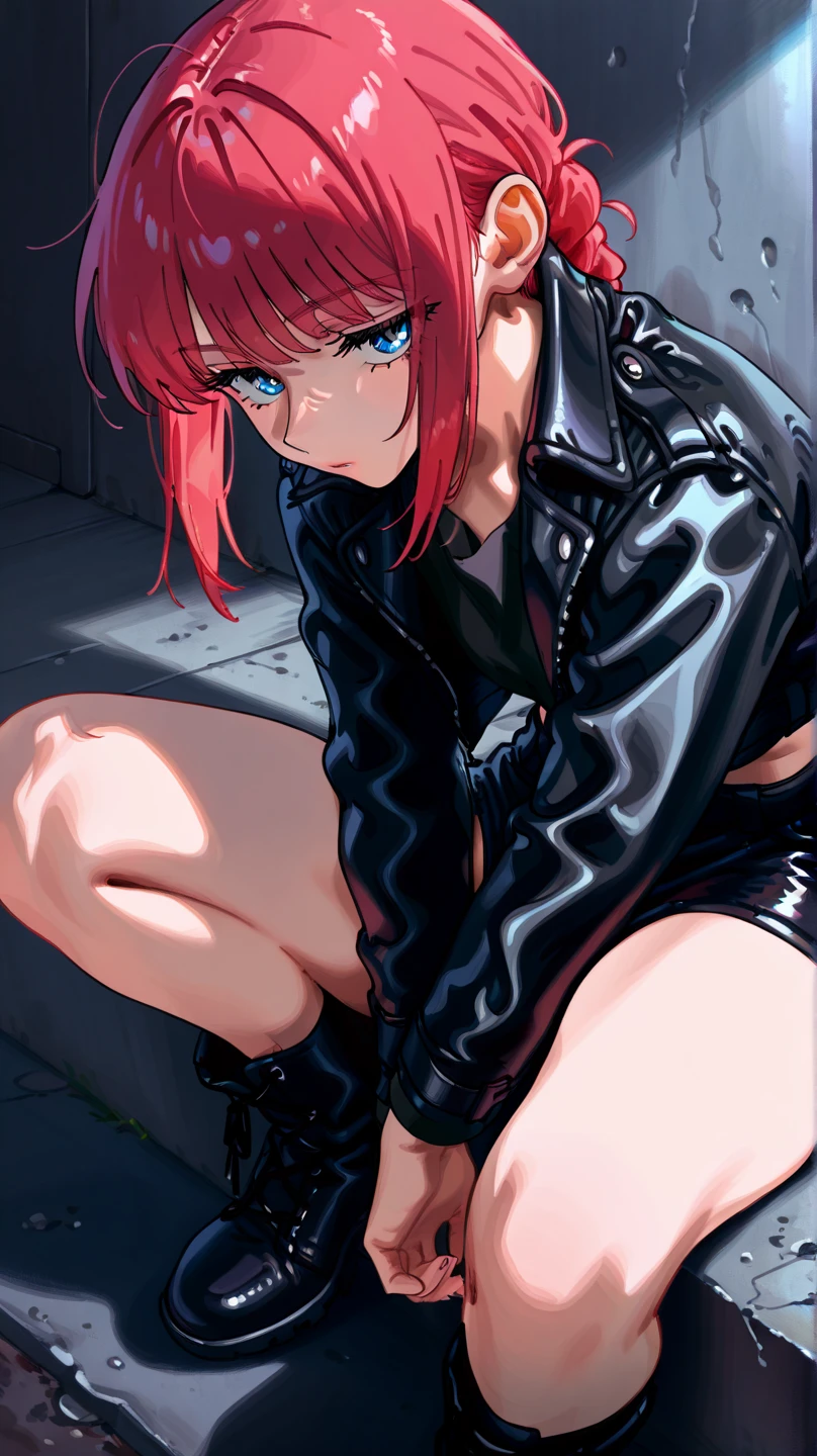 score_9, score_8_up, score_7_up, score_6_up, A young woman with cropped red hair and heavy dark make-up, wearing a punk and edgy fashion style, dark colors, intense look, silver accessories, black leather boots, black leather jacket, 80s punk aesthetic, high quality, detailed, sharp focus, 4k resolution, ((Makima))

